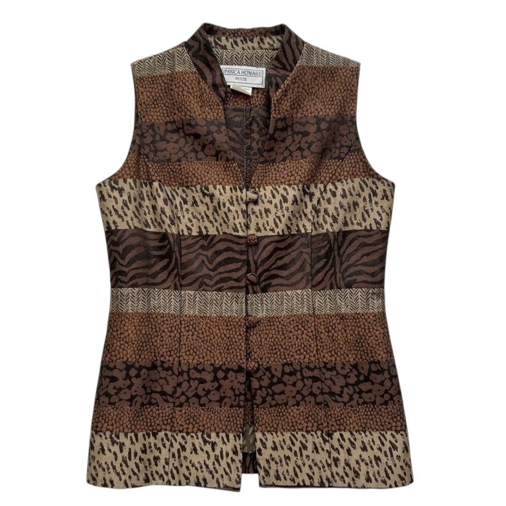 Vintage Animal Print Vest Style Top Button Front Sleeveless Blouse size Small